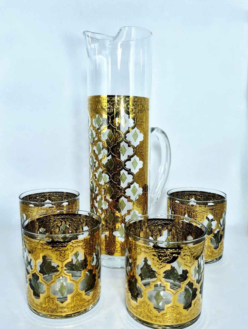 Vintage Culver Valencia Pitcher & 4 Lowball Glasses Set - 22k Gold MCM